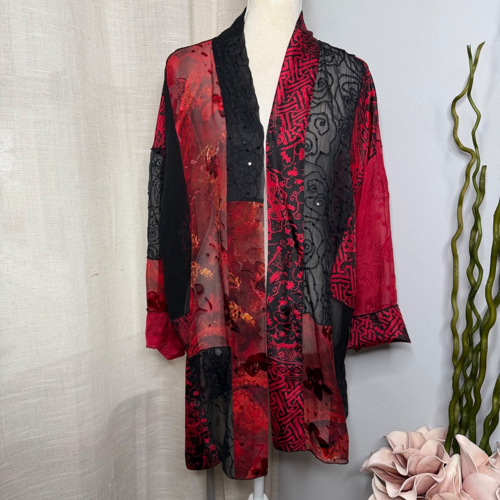 Chico's Patchwork Velvet Burnout Kimono Sequins Embroidered Women's Size 2 Large